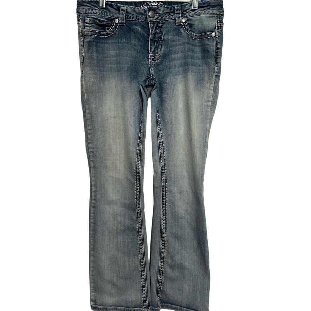 Paisley Sky Women's Distressed Wash Bootcut Jeans Decorative Pockets Size 12